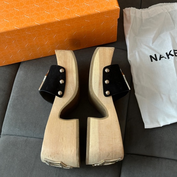 NAKED WOLFE y2k black suede wooden clog mule sandals size 37 US 6.5 - Picture 4 of 5